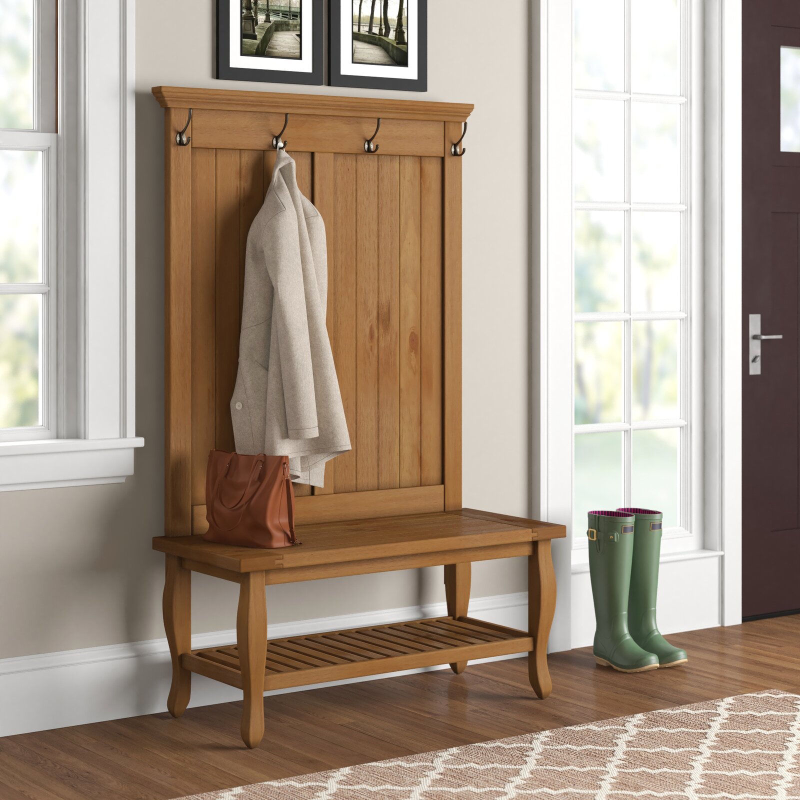 【Furniture】Bernnadette 40'' Wide Pine Solid Wood Hall Tree with Bench