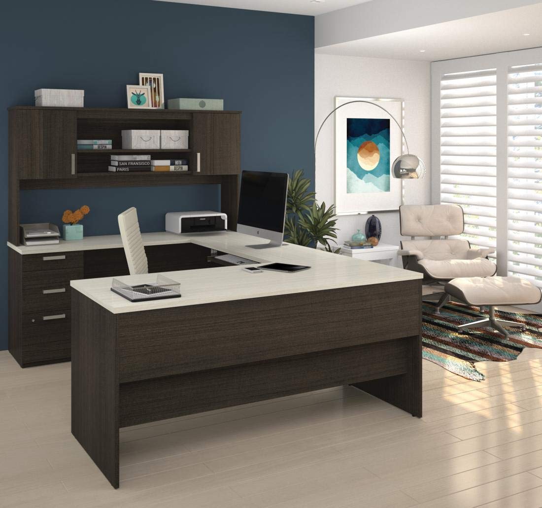 【Furniture】Bestar Ridgeley U-Shaped Executive Desk with Pedestal and Hutch, 65W, White Chocolate