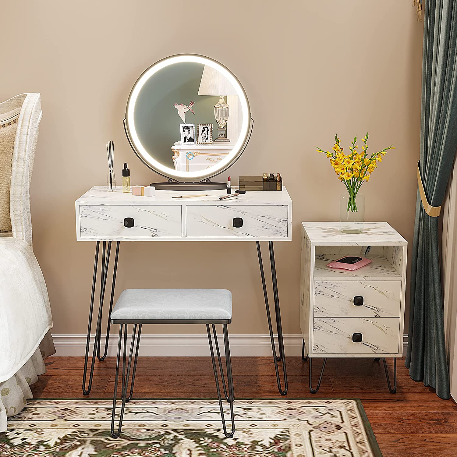 Vanity Makeup Table Set with Lighted Mirror,Makeup Vanity Dressing Table wStorage Cabinet,Cushion